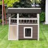 2-Tier Outdoor Wooden Dog House, Weatherproof Dog Hutch with A Large Balcony, Sisal Scratching Pad Ladder, Gray and White