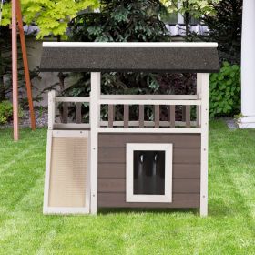 2-Tier Outdoor Wooden Dog House, Weatherproof Dog Hutch with A Large Balcony, Sisal Scratching Pad Ladder, Gray and White