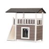 2-Tier Outdoor Wooden Dog House, Weatherproof Dog Hutch with A Large Balcony, Sisal Scratching Pad Ladder, Gray and White