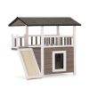 2-Tier Outdoor Wooden Dog House, Weatherproof Dog Hutch with A Large Balcony, Sisal Scratching Pad Ladder, Gray and White