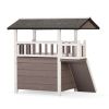 2-Tier Outdoor Wooden Dog House, Weatherproof Dog Hutch with A Large Balcony, Sisal Scratching Pad Ladder, Gray and White