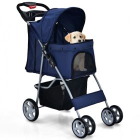Simple Design Foldable 4-Wheel Pet Stroller With Storage Basket (type: Pets, Color: Navy)